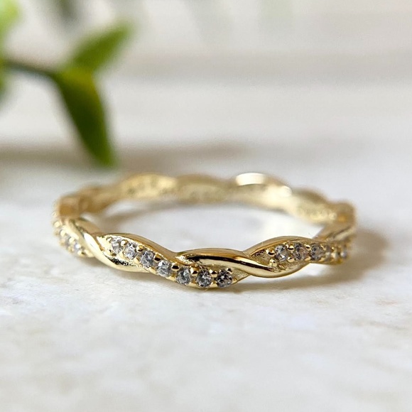 Dainty 14k Gold Plated Eternity Ring 925 Sterling Silver CZ Infinity Band Ring - Picture 1 of 5